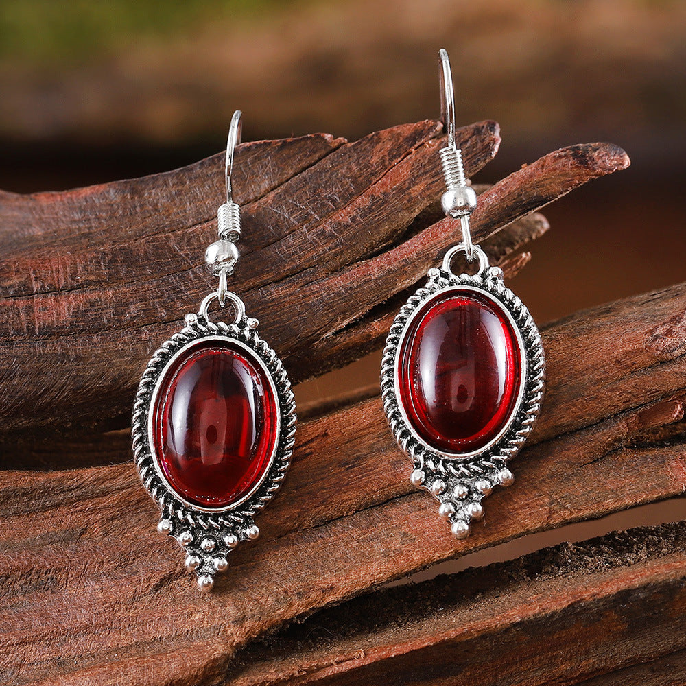 Wholesale Vintage Exquisite Cameo Inlaid Ruby Oval Glass Pendant Fashion Earrings Necklace Set